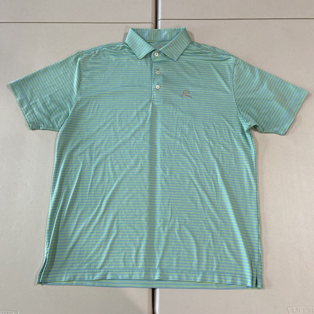 Rhoback Polo Shirt Mens Medium Green Blue Striped Performance Golf Polo Large L